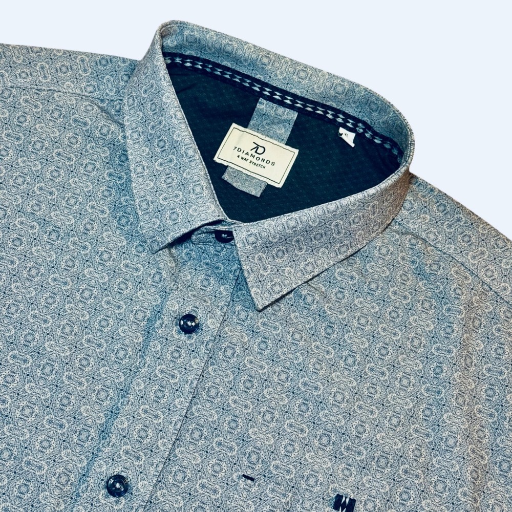 7 Diamonds Liberty 4-Way Stretch Shirt Mens XL Blue Geometric Short Sleeve
